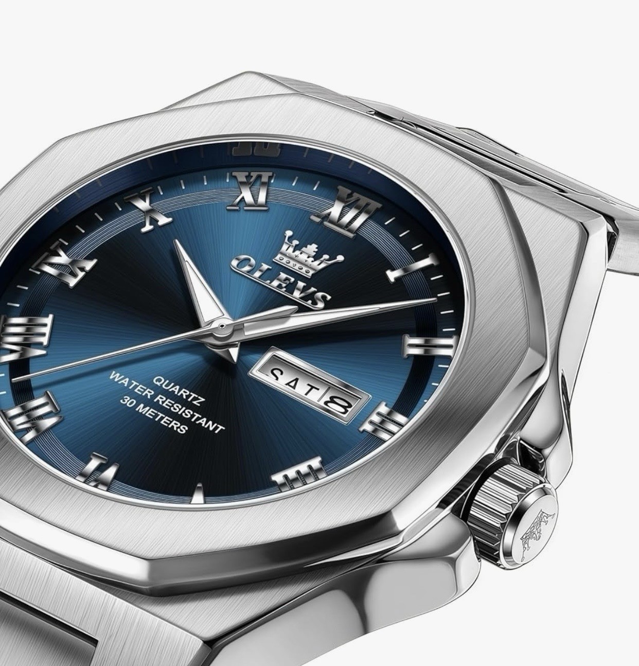OLEVS Men’s Quartz Dress Watch 43mm Octagon Blue Dial Roman Day/Date 30m