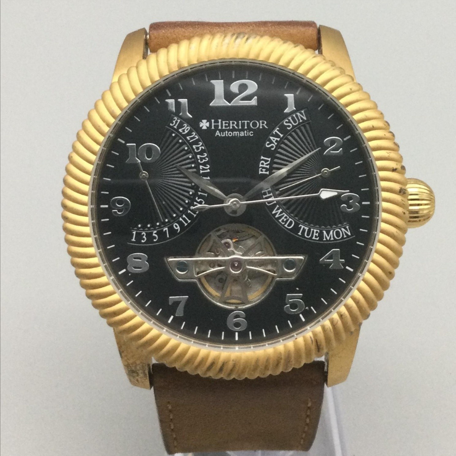 Heritor Mens Watch 45mm Gold Tone Black Dial Brown Leather Automatic Day Date