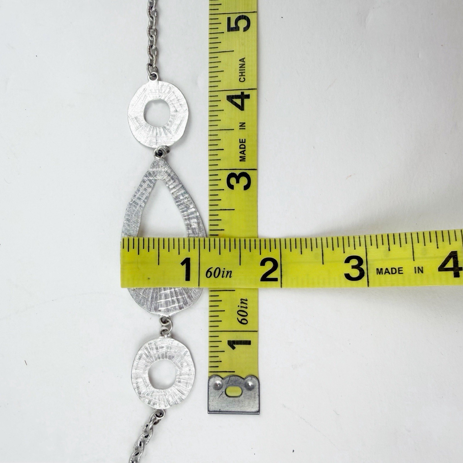 Chico’s Silver Long Geometric Necklace Brushed Textured Open Teardrop Circles