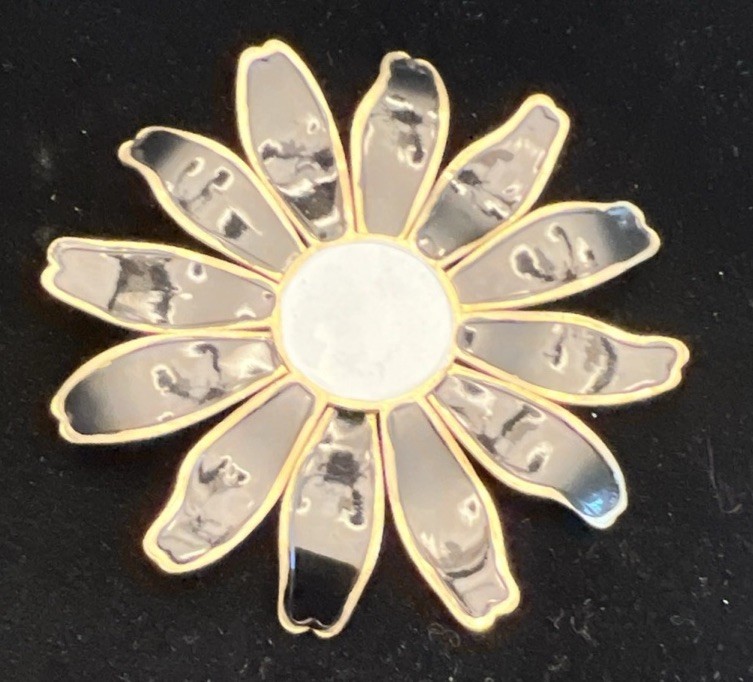 Vintage 3 Inch Gold Black White Flower Brooch Daisy