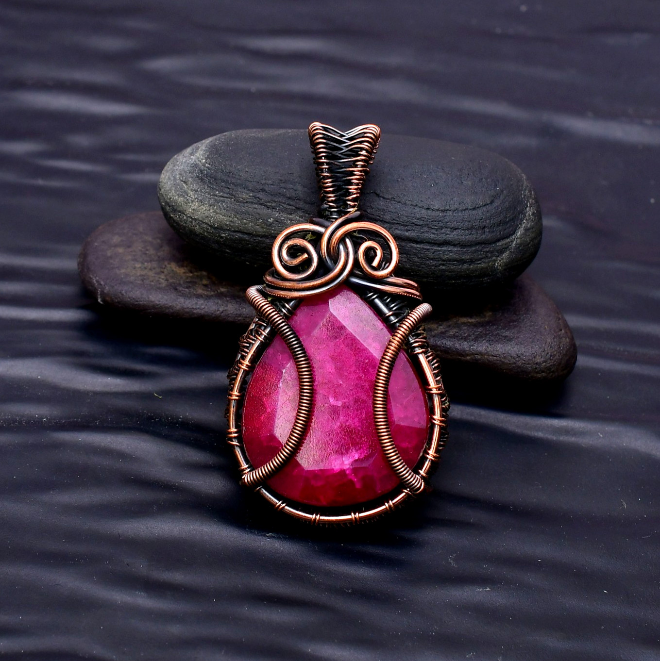 Ruby(Lab-Created) Gemstone copper wire wrapped Handmade pendant Jewelry 2.28″