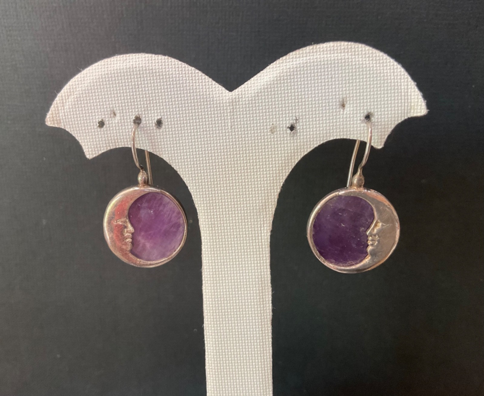 Vintage Amethyst 925 Sterling Silver Round Moon Pierced Earrings