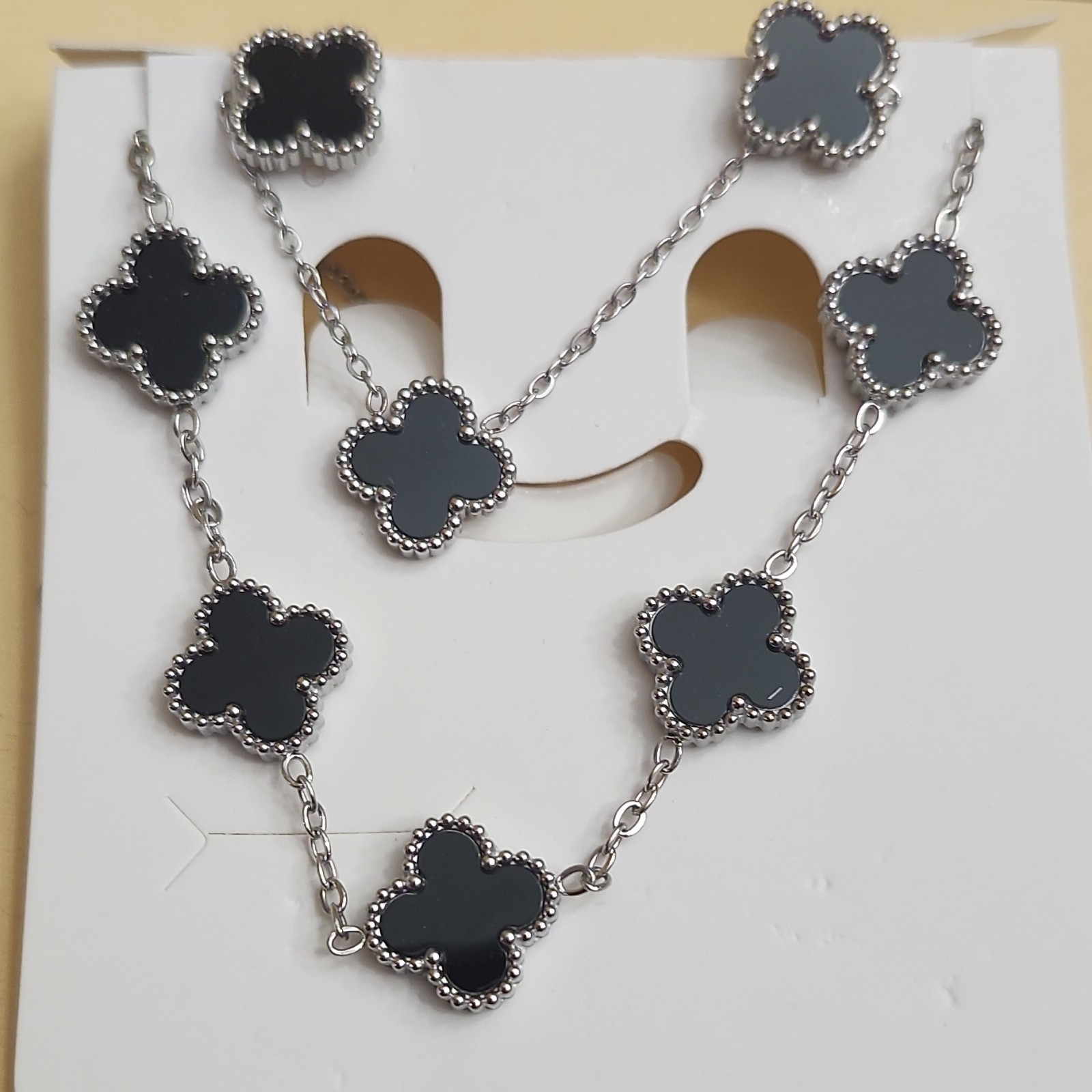 Silver Tone Stainless Steel Necklace Black Clover Charm 3 Piece Set