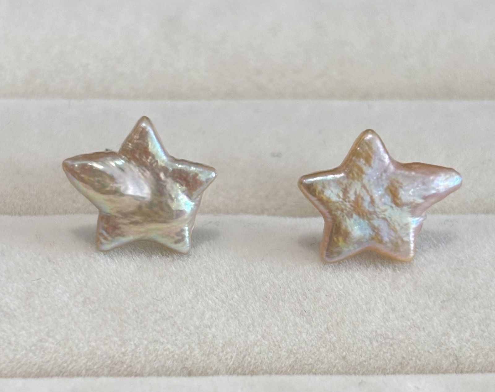 Natural Star Shaped Baroque Pearl Studs Earrings | Soft Peach Iridescence |