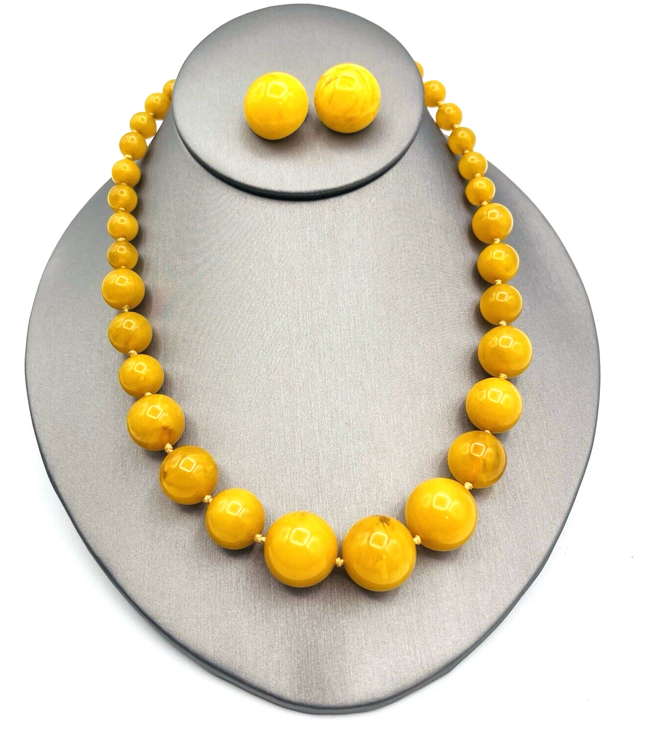 Vintage Egg Yolk Bakelite Beaded Graduated Necklace and Clip Earrings Set