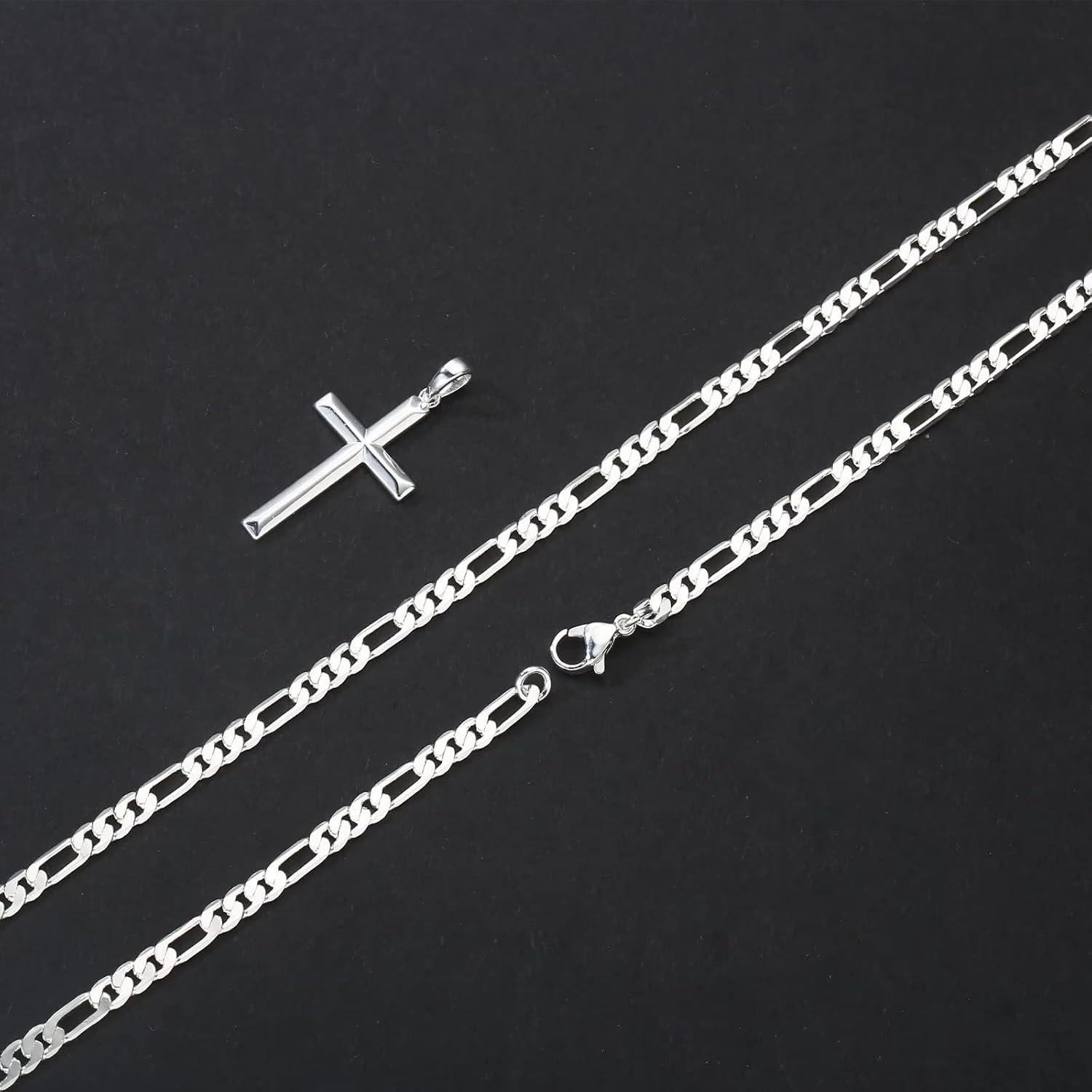 Ursteel S925 Sterling Silver Cross Pendant for Men, 16-24 Inch Figaro Brass