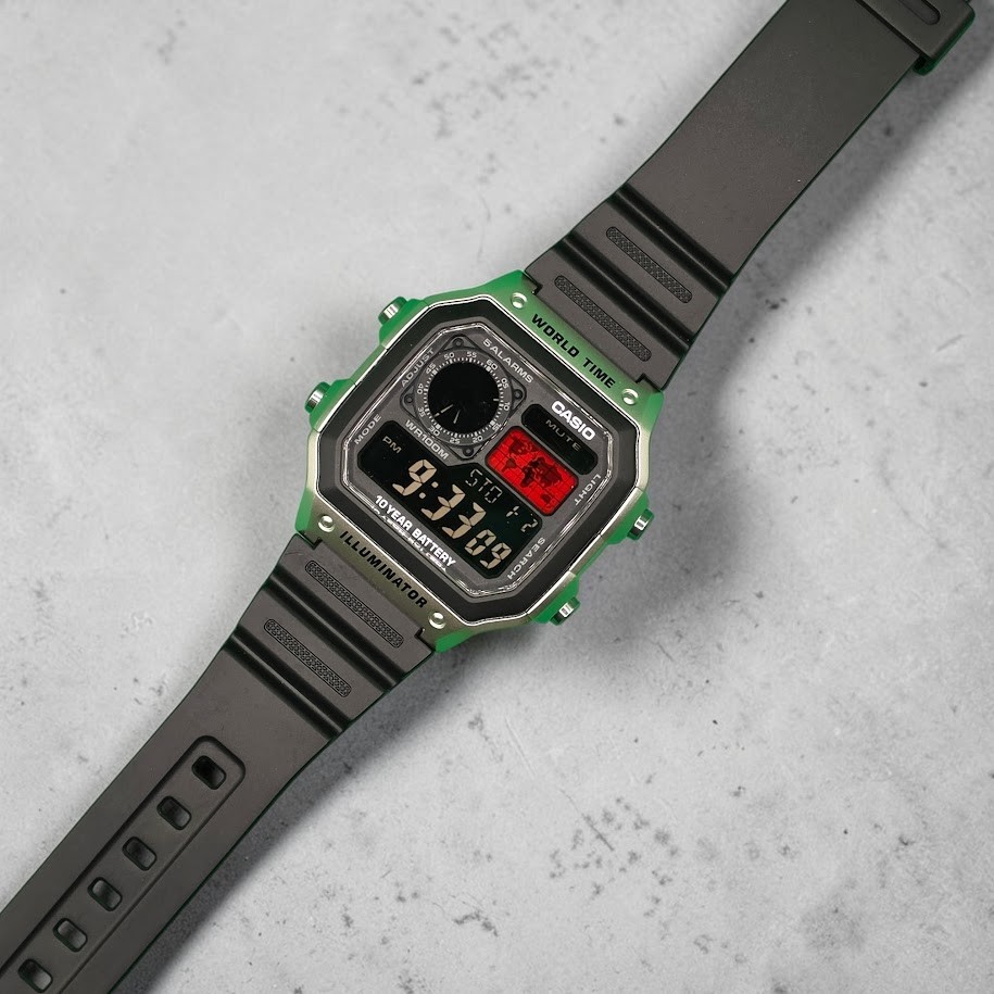 CASIO AE-1200WHD. Royale Watch Mod. Negative Display. RED World Map