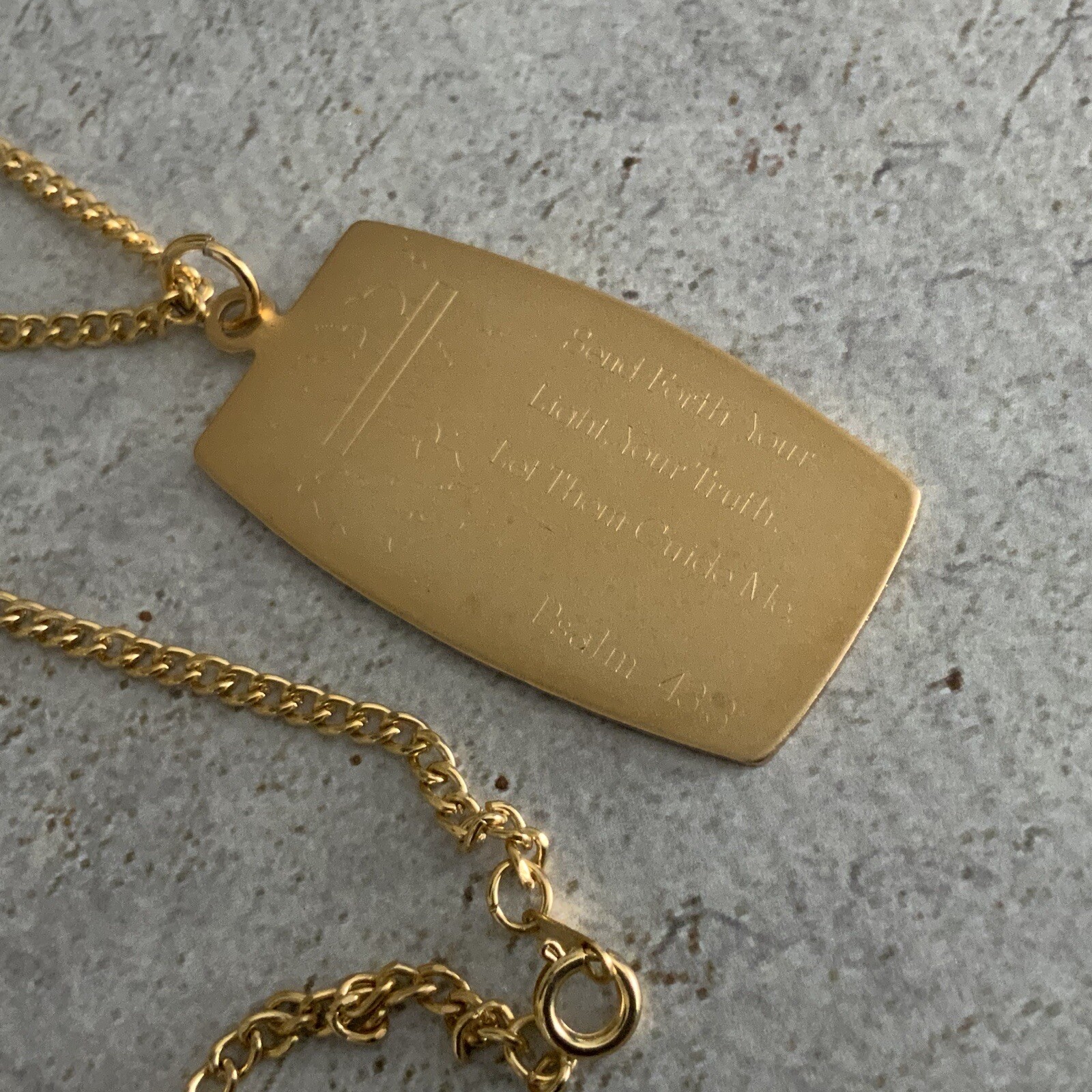 Satin gold Psalm 433 send forth your light your truth let them guid me necklace