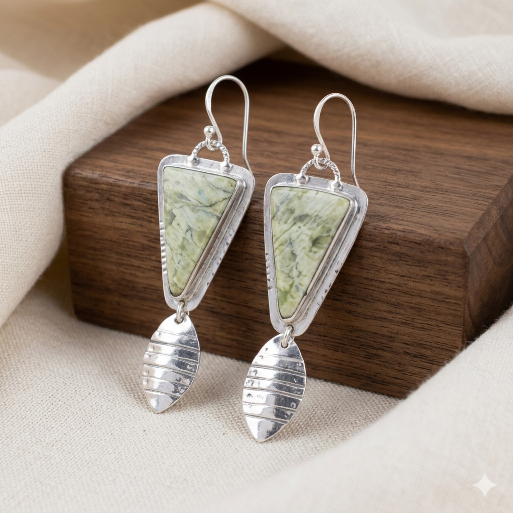 925 Sterling Silver TRIANGLE Gogunjula Jasper Bezel Set Art Deco Unique Earrings