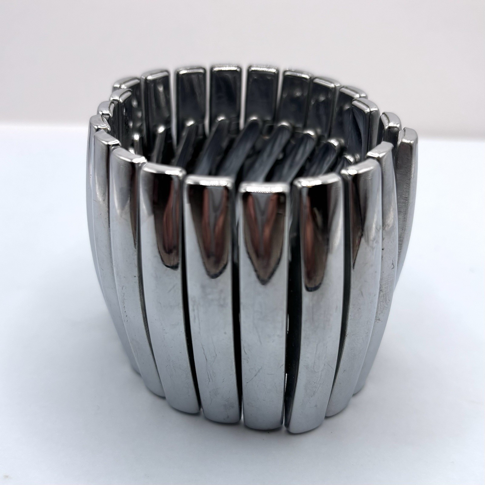 VTG MCM Silver Stretch Bracelet 2 inch Wide Statement Piece Japan