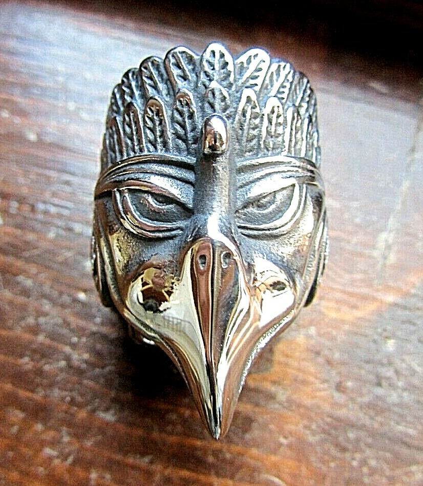 Skull-Face Aztec Warrior Stainless Steel Pre-Columbian Meso-American Silver Ring