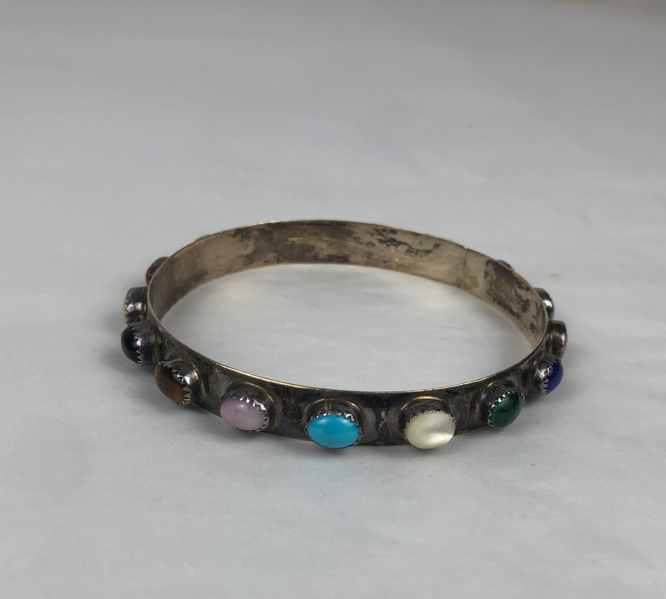 Sterling Silver Bangle bracelet inlaid semi precious stones coral lapis other