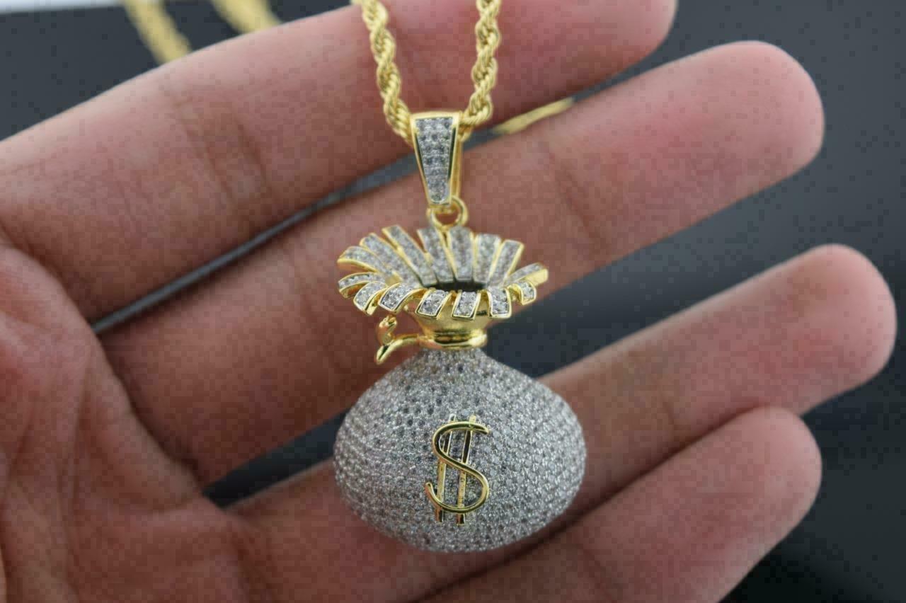 2Ct Round Cut VVS1 Diamond Money Bag Pendant 14K Yellow Gold Finish Free Chain