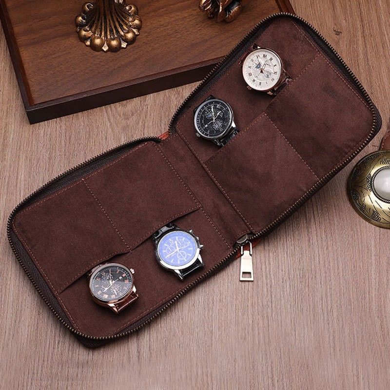 Luxe Brown Cowhide Genuine Leather Watch Organiser Travel Watch Storage Bag Box