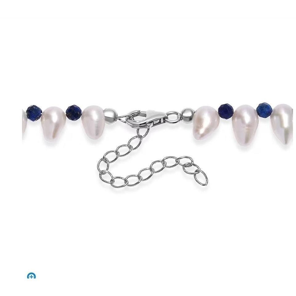 Freshwater Pearl Lapis Lazuli Necklace in Rhodium Over Sterling Silver 18 Inches