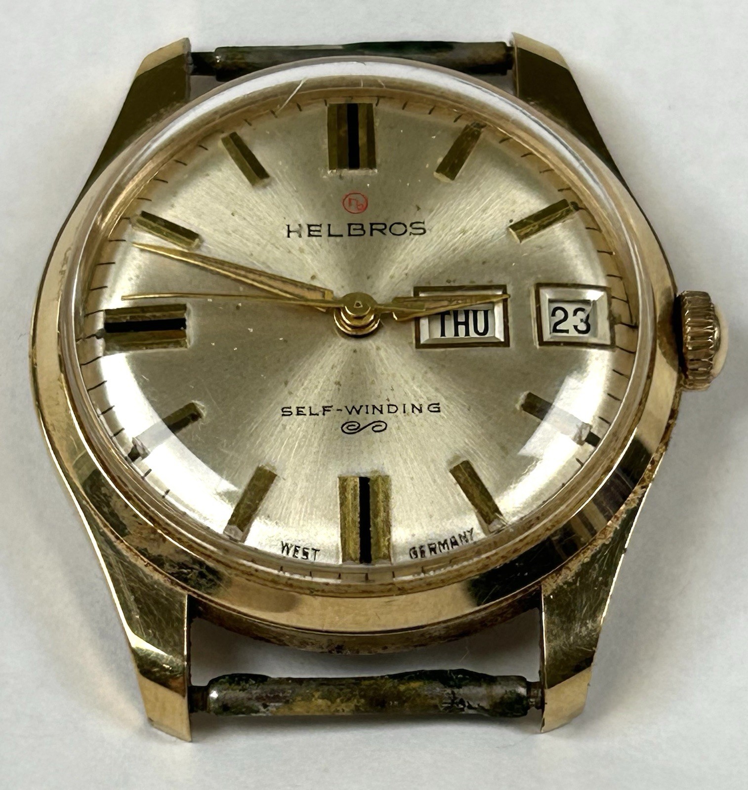 Vintage Helbros Self-Winding Watch Day Date West Germany 17 Jewels RUNNING