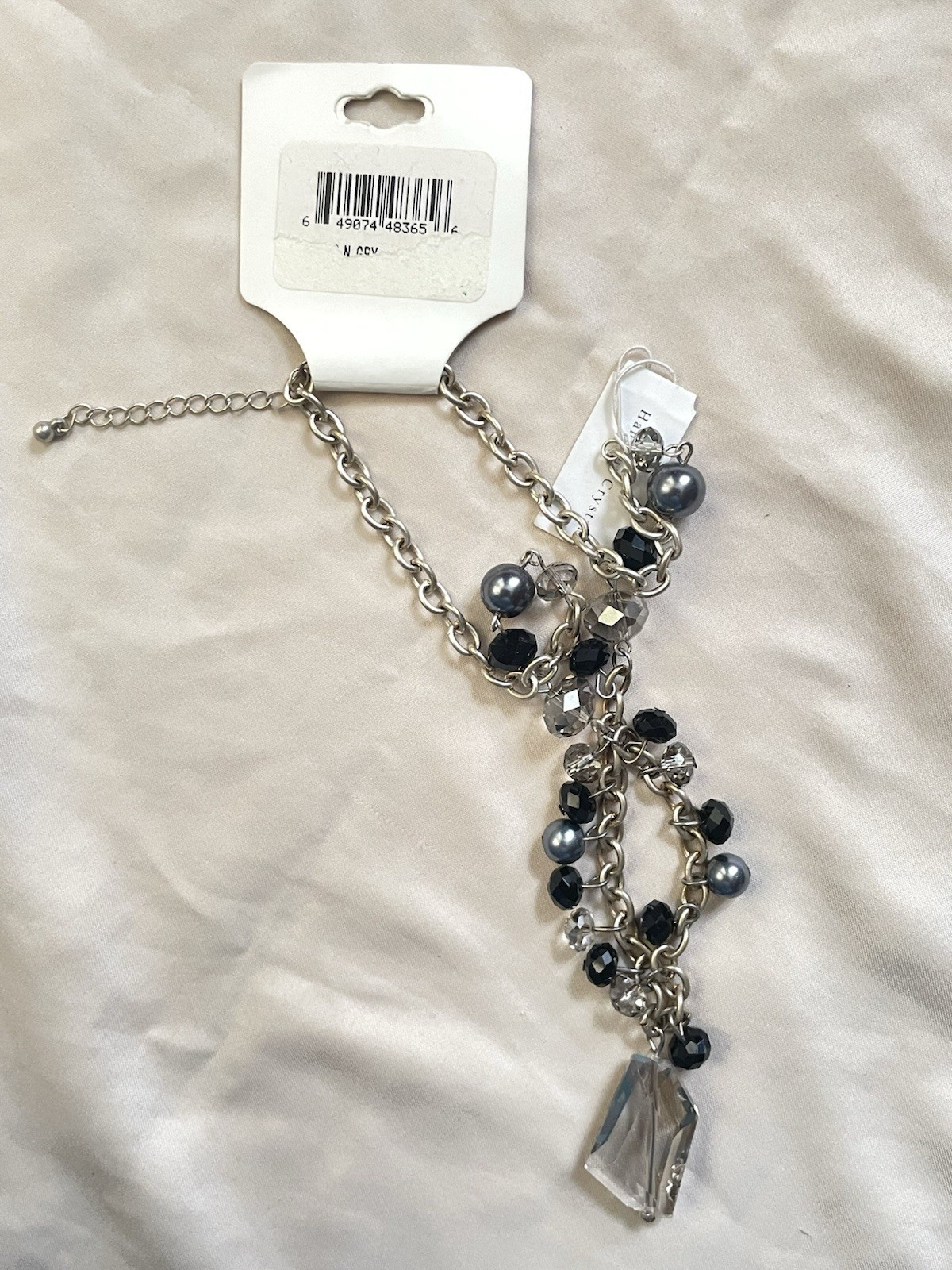 Ashley Cooper Silver Tone Cable Chain Beaded Necklace Clear Trapezoid Pendant