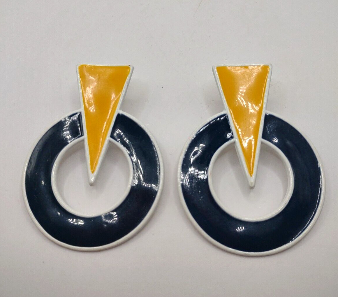 1980s Vintage Blue Yellow Abstract Enamel Metal Post Earrings Halloween Costume