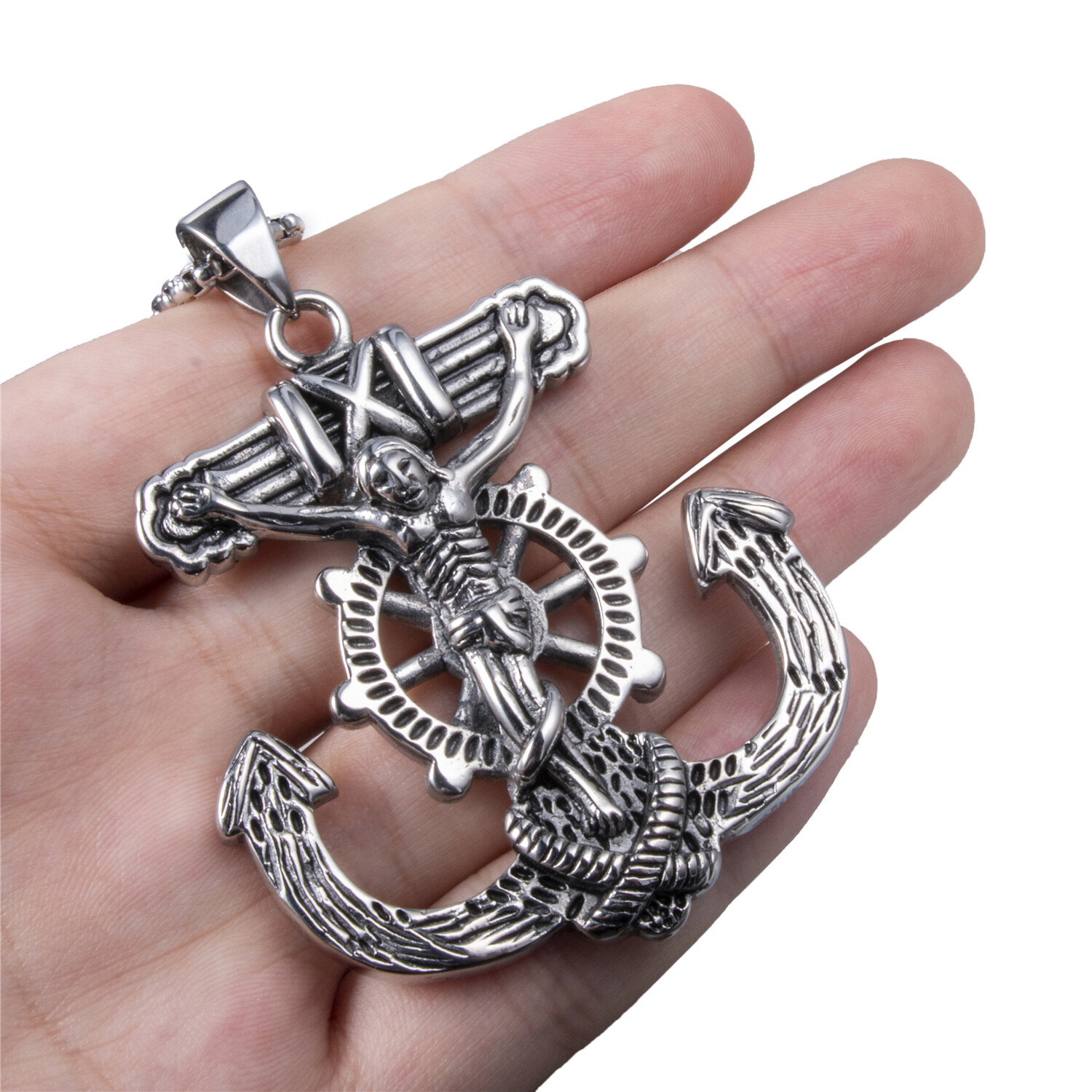 Large Jesus Cross Anchor Men’s Stainless Steel Pendant Chain Necklace set