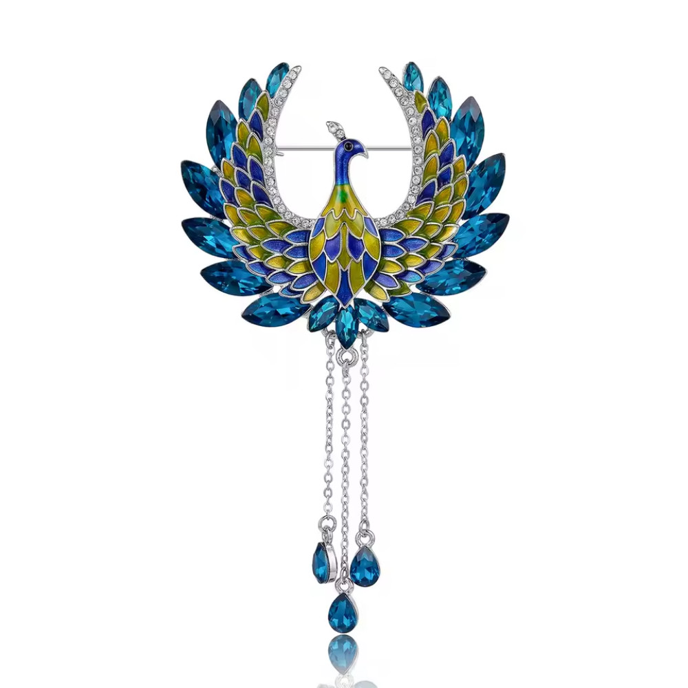 Vintage Blue Peacock Phoenix Brooch Crystal Bird Pin Pendant Summer Jewelry Gift