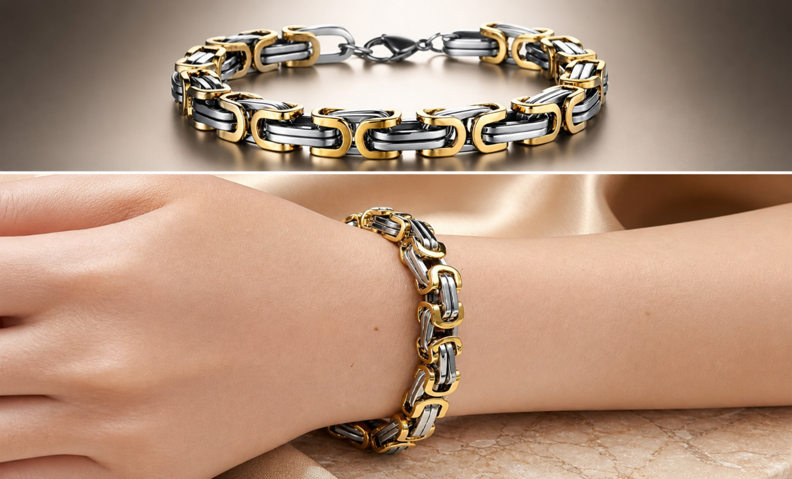 Mens Byzantine Link Bracelet Stainless Steel Silver Gold Tone Two Tone 8.5 Inch