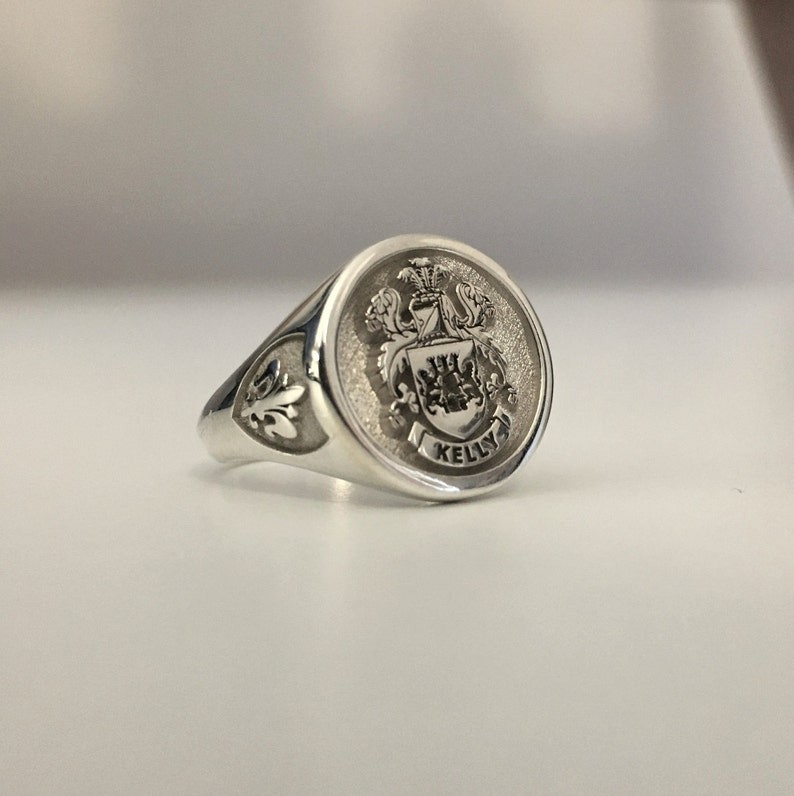 Custom Silver Signet Ring Family Crest Coat of Arms Fleur-de-Lis Gift Men
