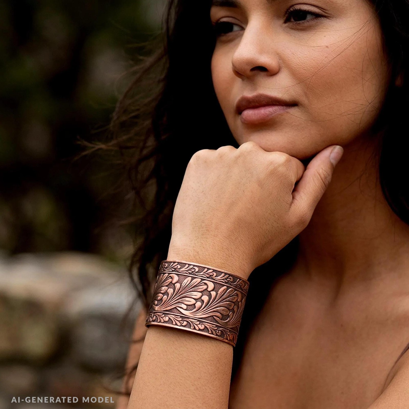 Solid Copper Adjustable Cuff Bracelet with Embossed Floral Design Antique Finish