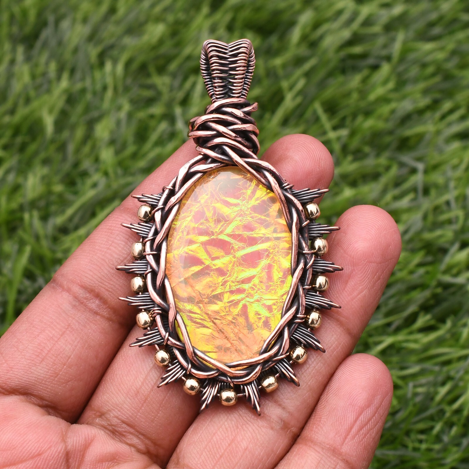 Triplet Fire Opal Gemstone Copper Wire Wrap Handmade Jewelry Pendant 2.28″