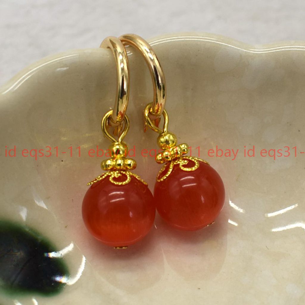 Genuine 8/10/12mm Orange Cat’s Eye Opal Round Gemstone Beads Leveback Earrings