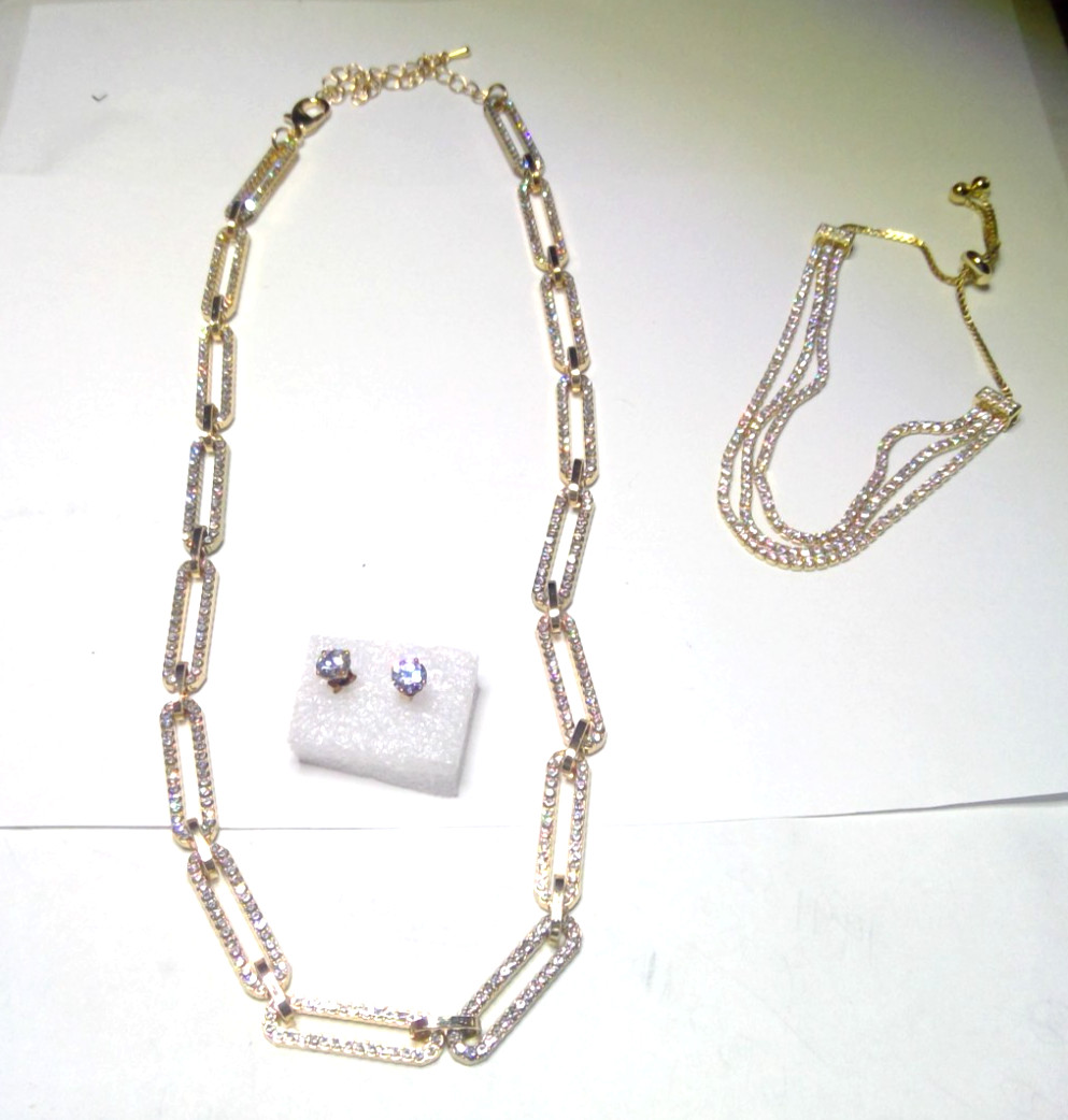 Paper Clip Clear Austrian Crystal Necklace, Bracelet & Earrings
