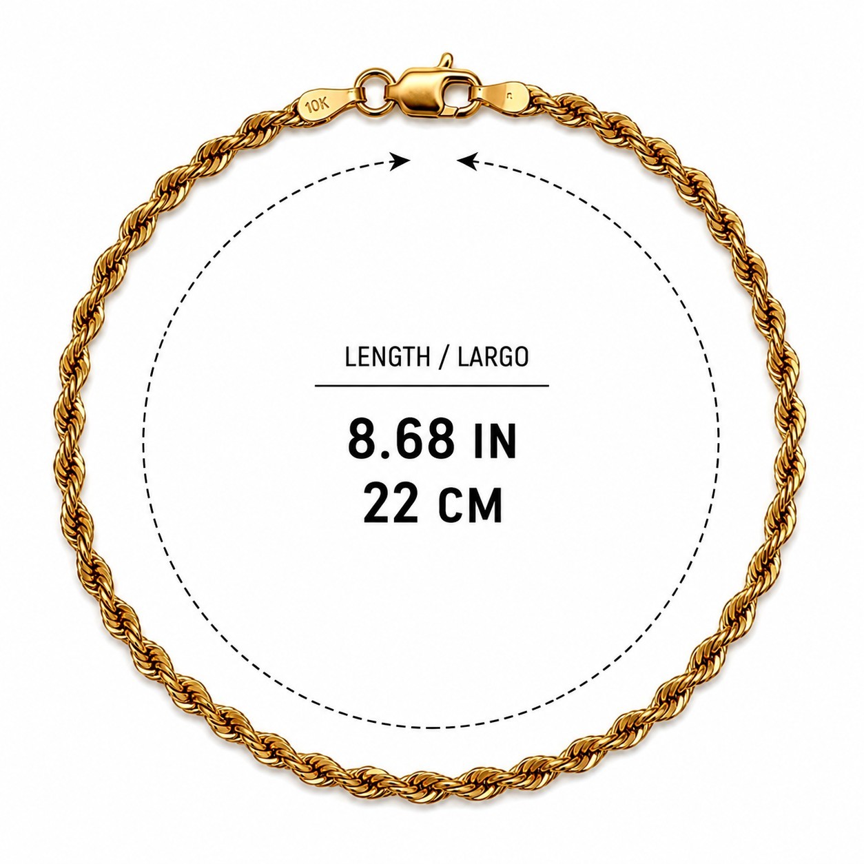 10K Solid Gold Rope Bracelet 2.5mm 8.68″ / Pulsera Oro Sólido 10K 22 cm