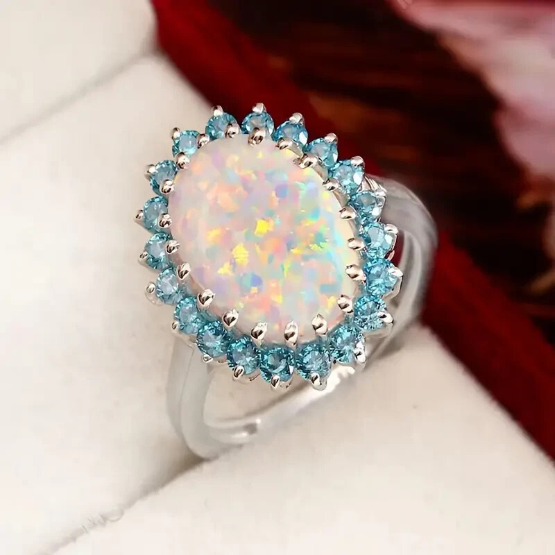 Elegant 925 Sterling Silver Fire Rainbow Opal Blue Topaz Engagement Ring Size 9