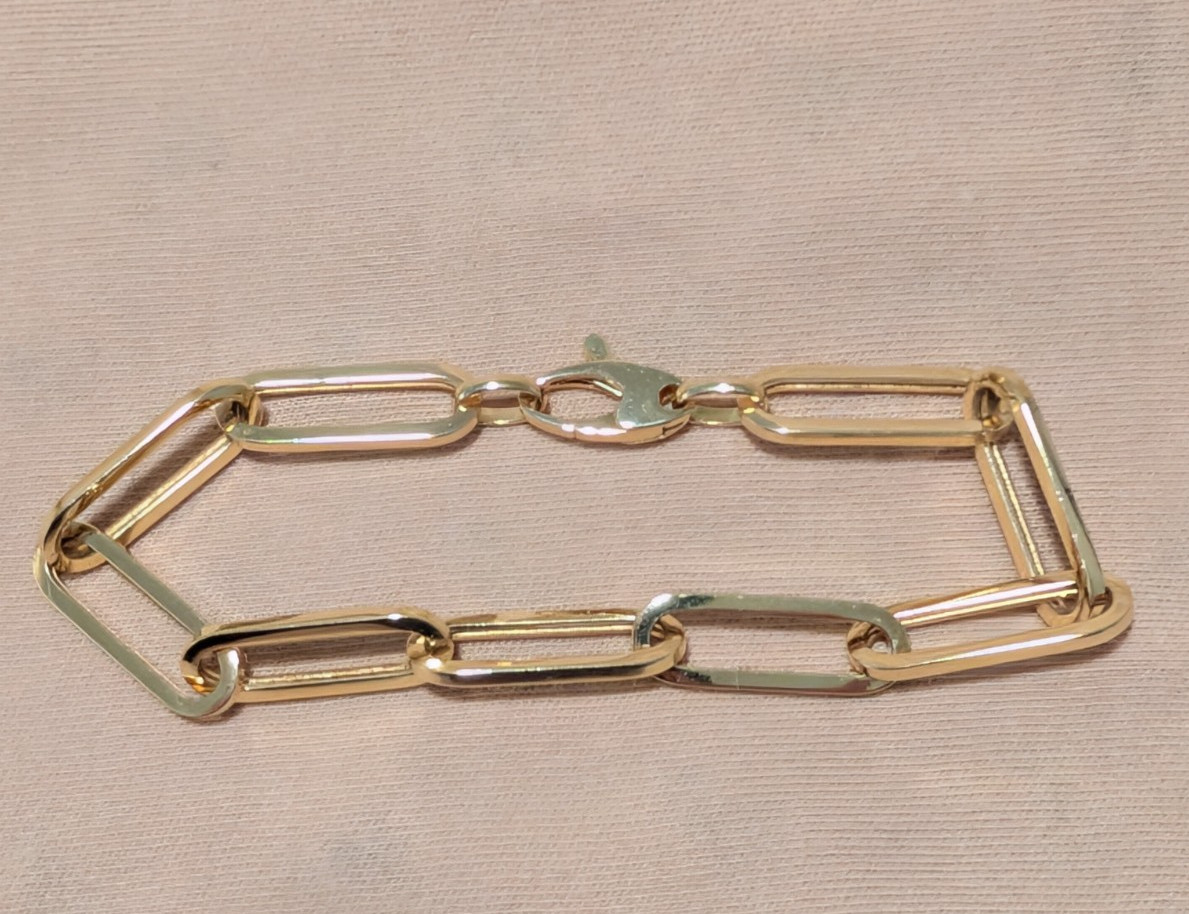 14k Yellow Gold Hollow Paperclip Link Bracelet 7″ 5.31g Never Worn Lobster Clasp