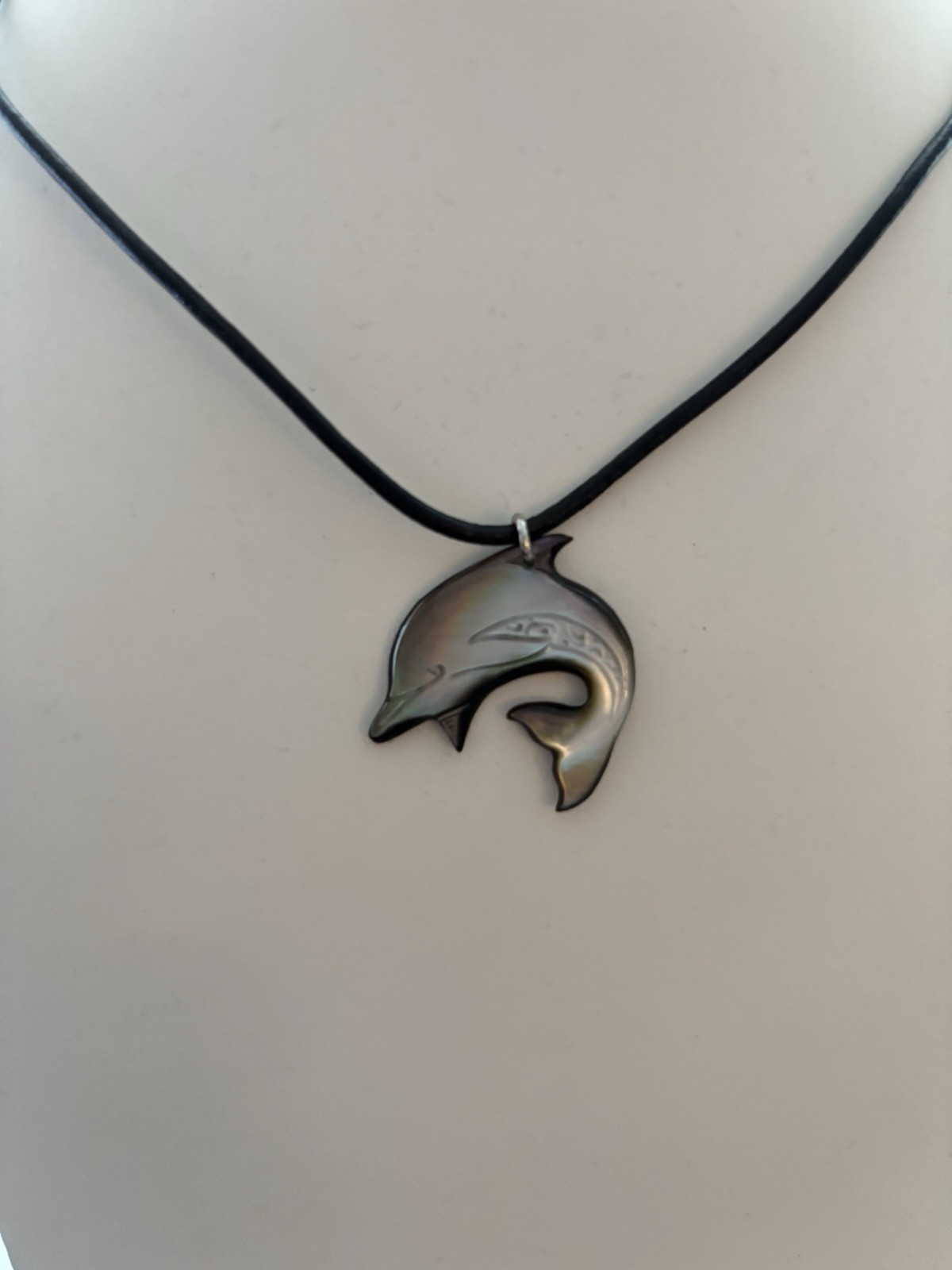 Black Wax Cord Mother of Pearl Dolphin Pendant Necklace – Women Jewelry