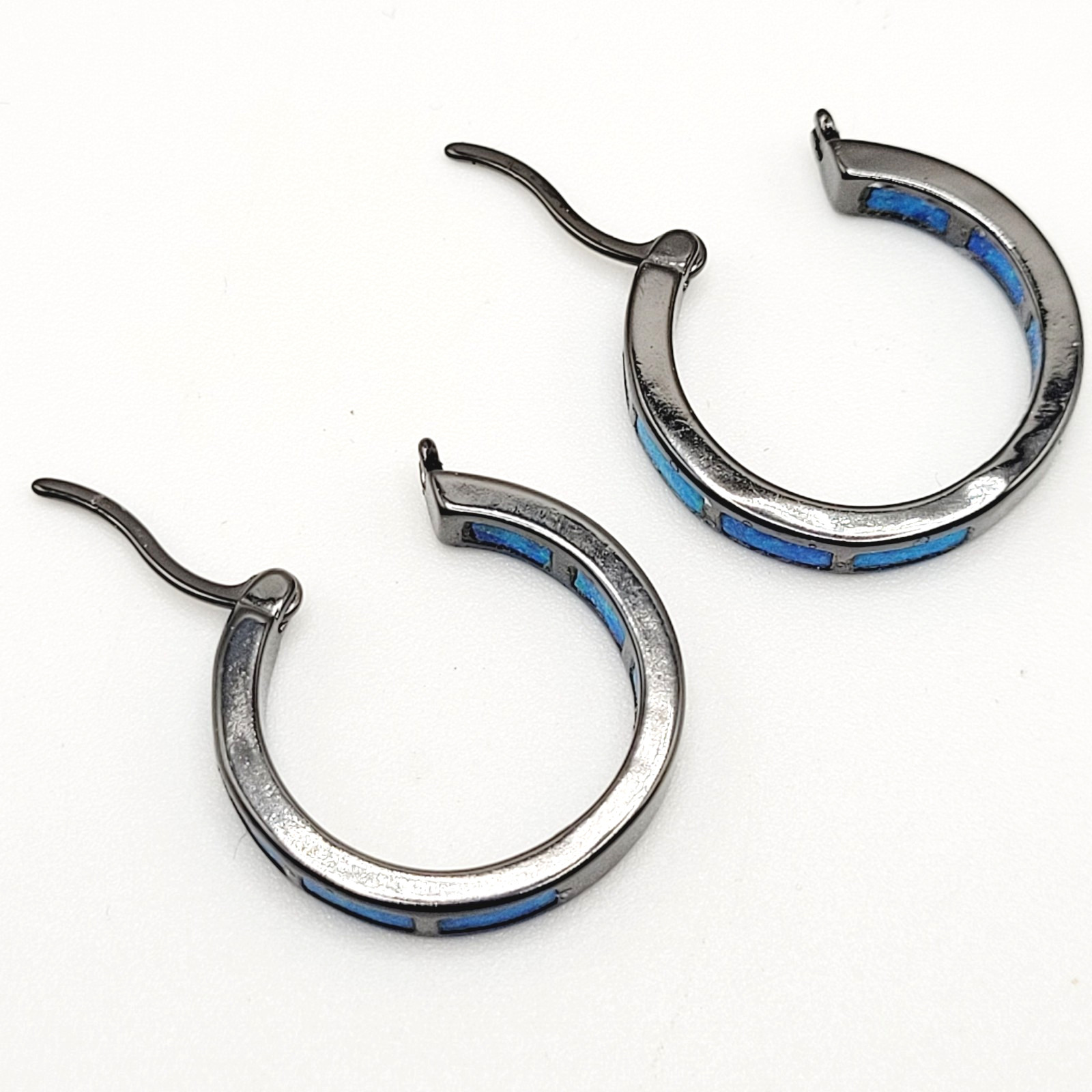 Blue Shade Opal Lab Created Inlay Dark Gunmetal Tone Small Hoop Pierced Earrings