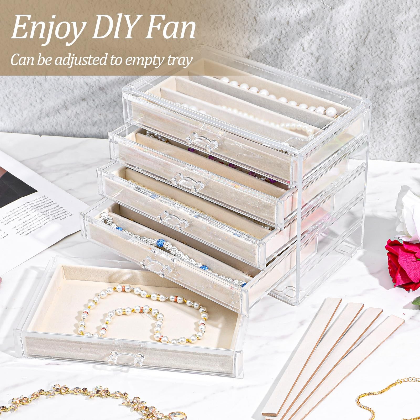 kenaeooe 5 Drawer Acrylic Necklace Holder Organizer, Clear Transparent