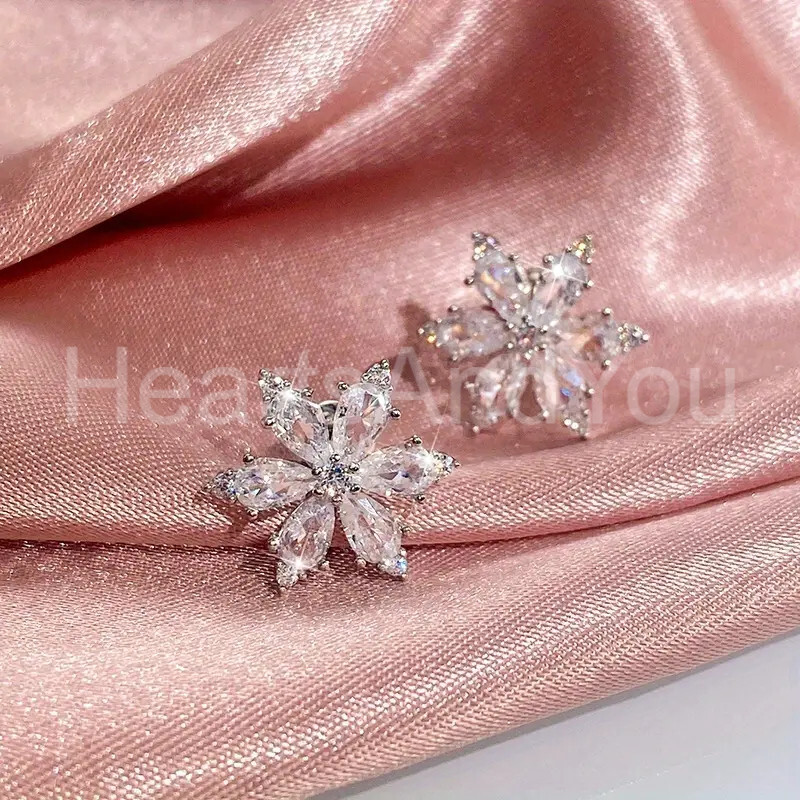2ct Pear Cut Moissanite Floral Snowflake Stud Earrings 14K White Gold Plated