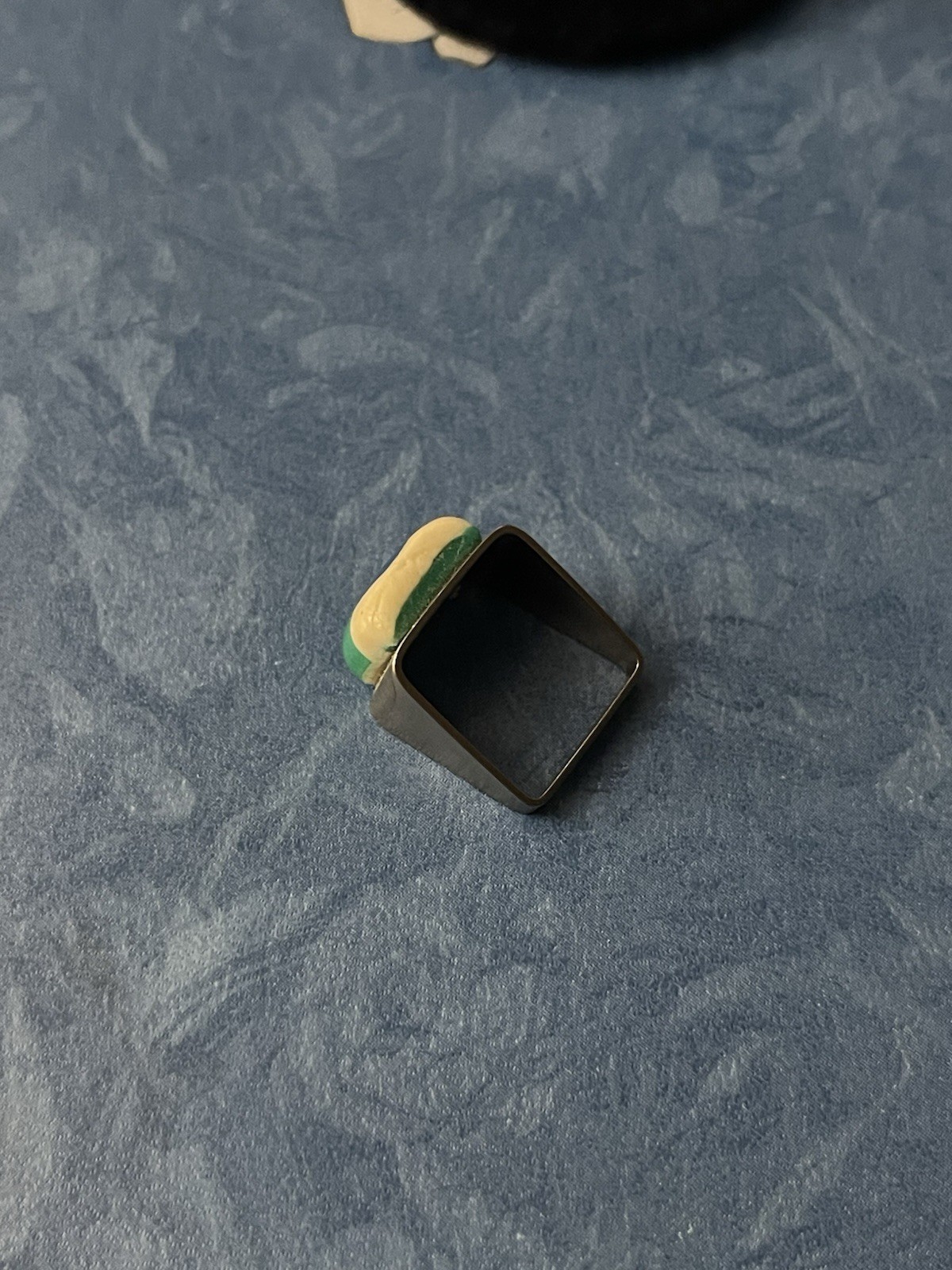 MCM Vintage Metal And Enamel Art Deco Ring With Square Band Size 4.5 Unique