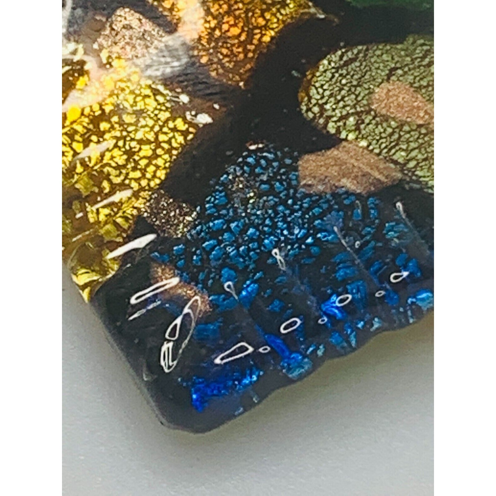 Blue, Green & Gold Glass Pendant, Diamond Shape, 1.5″