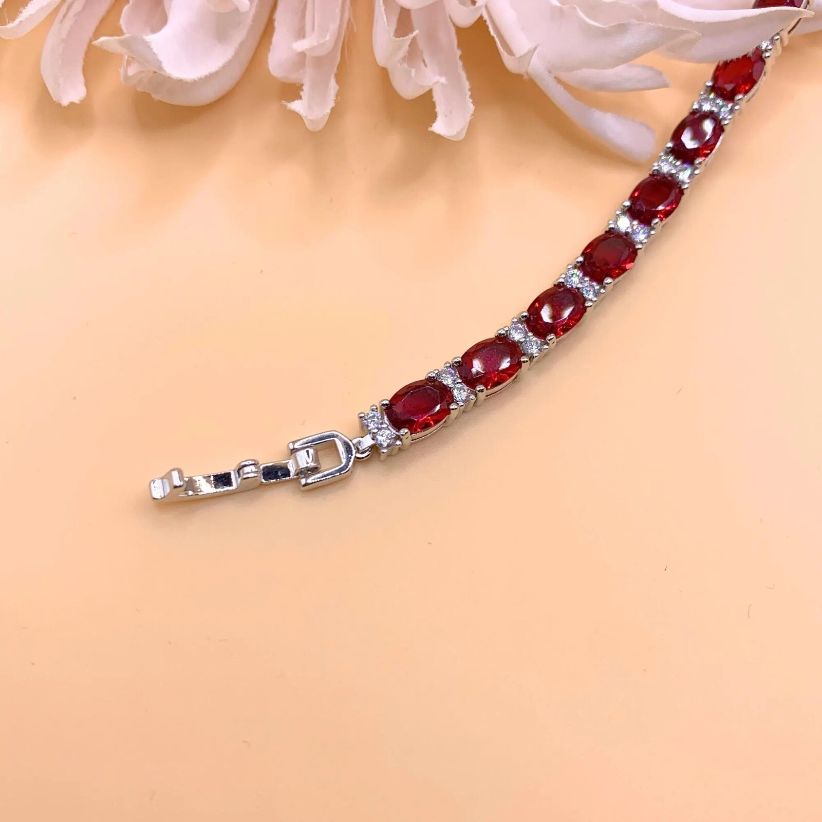 Red Ruby July Birthstone Oval Cut White Gold Bracelet – Free Gift Box Included