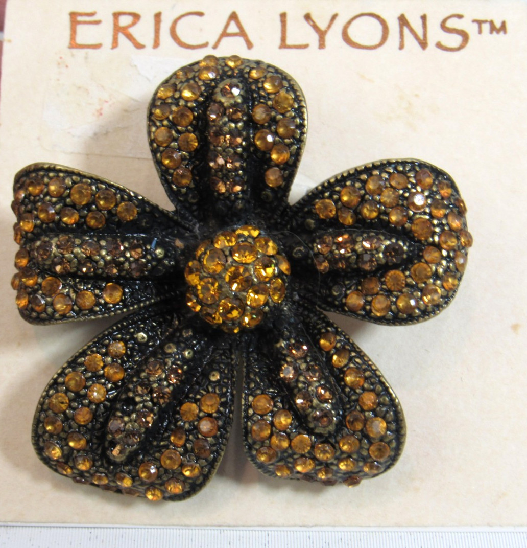 Vintage Erica Lyons Amber Rhinestone on Black Flower Brooch Pin