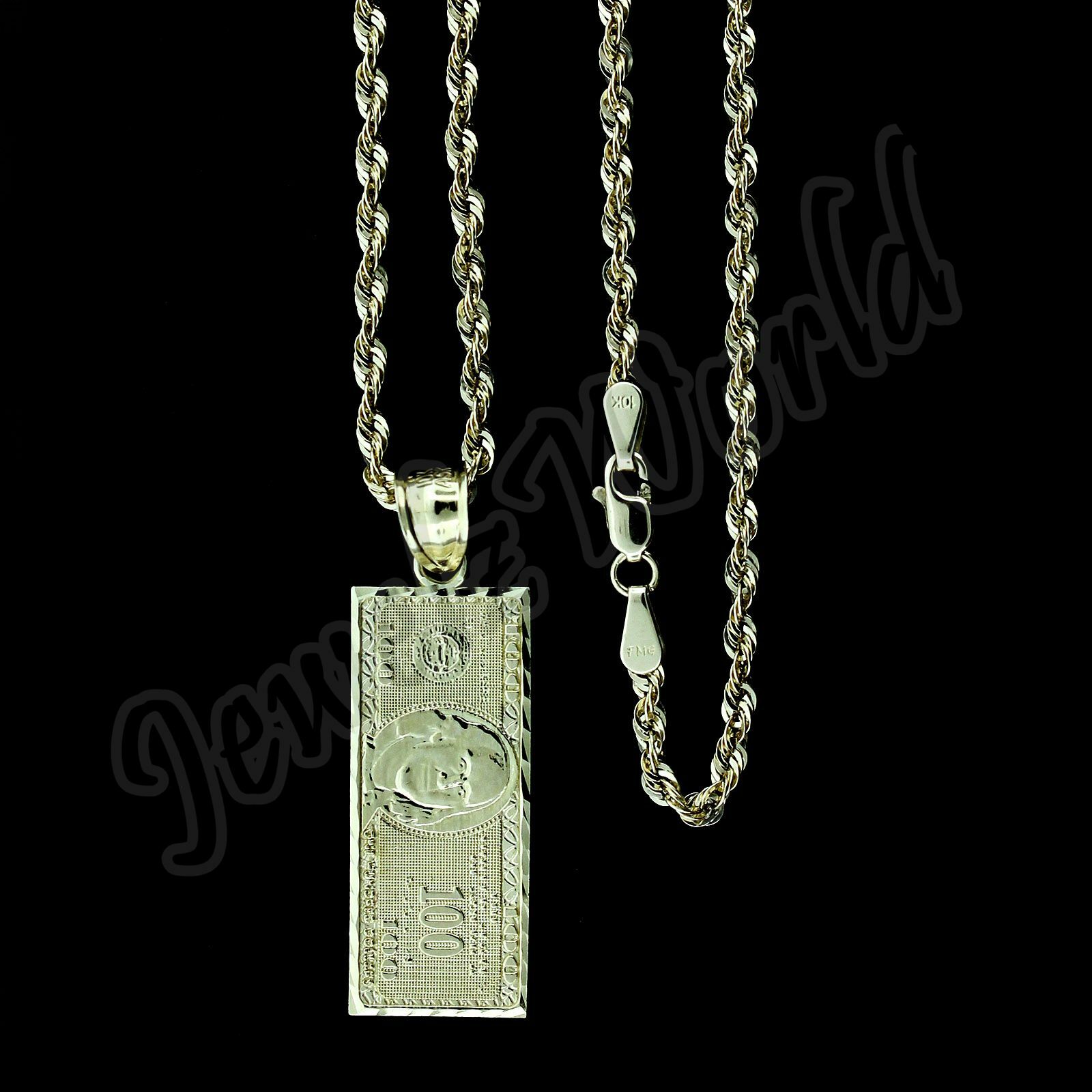 10K Solid Yellow Gold $100 One Hundred Dollar Bill Pendant With 2.5mm Rope Chain