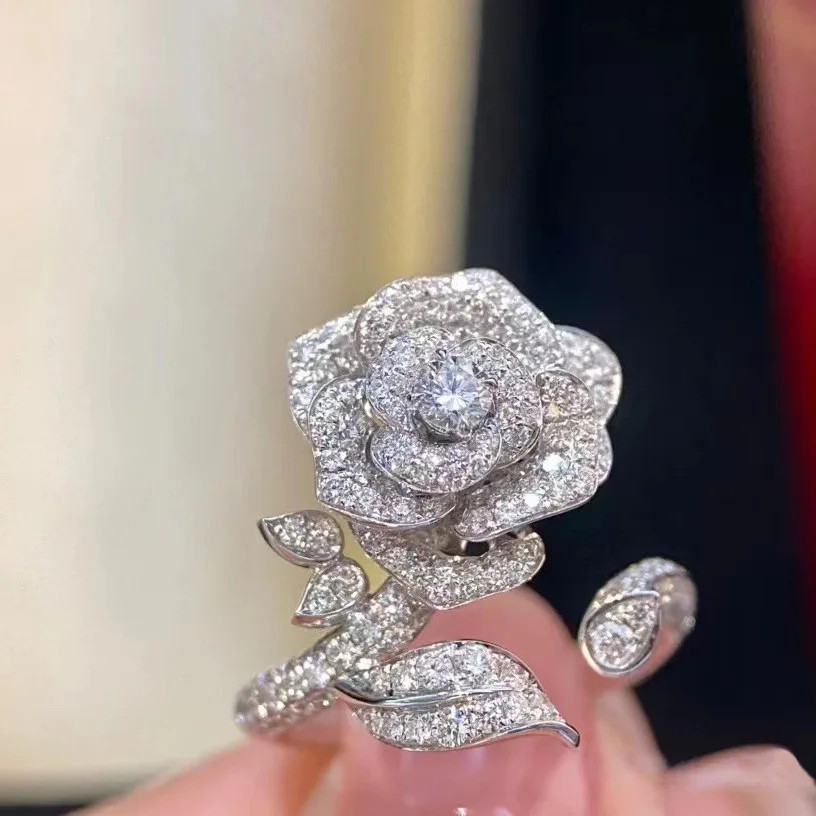 Cocktail Ring Rose Flower Leaves 925 Sterling Silver Adjustable Women Jewelry