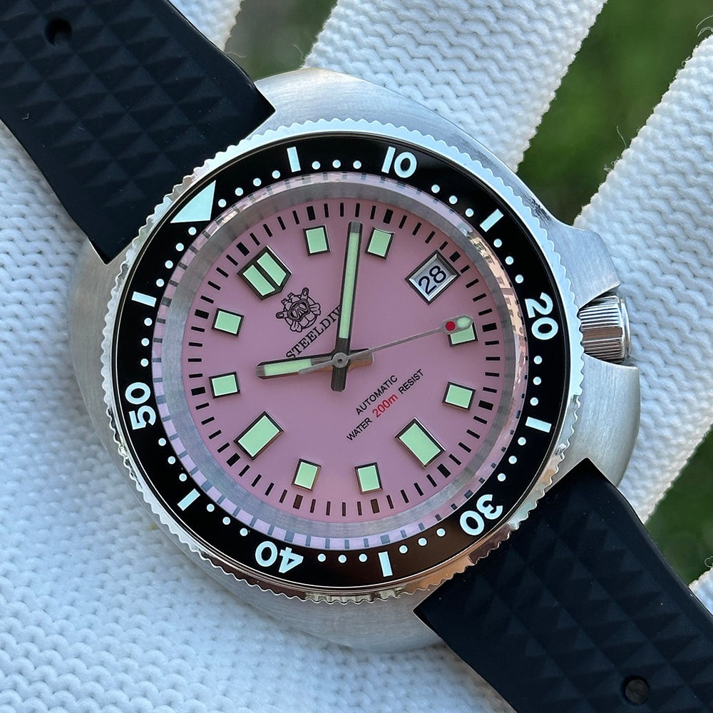 STEELDIVE SD1974 Mens 43.8mm 200M Automatic Dive Watch NH35 Steel Pink