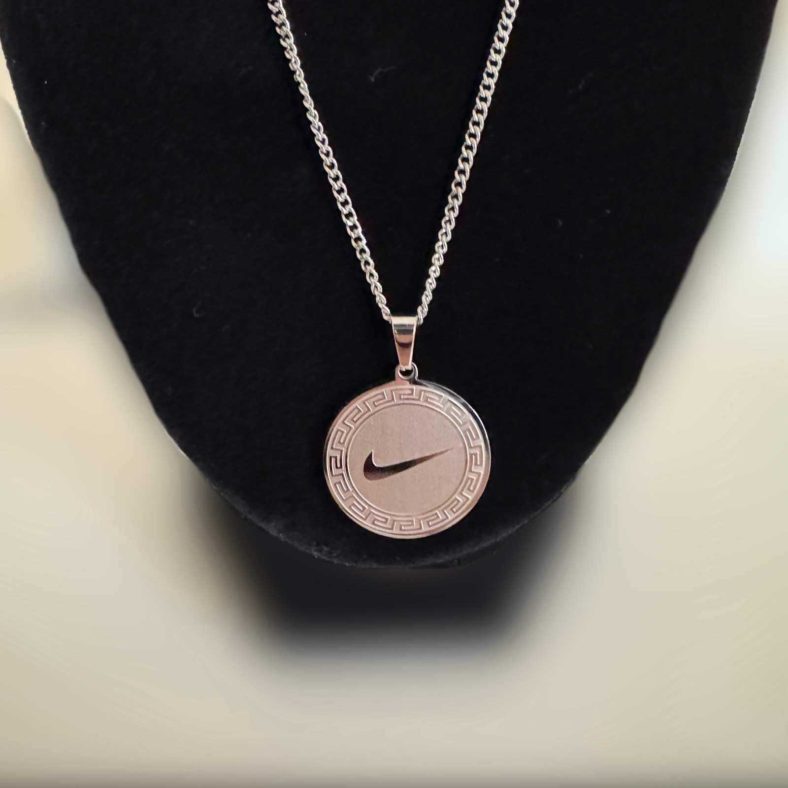 20” Circular Nike Swoosh Pendant + Necklace Silver Plated Stainless Steel