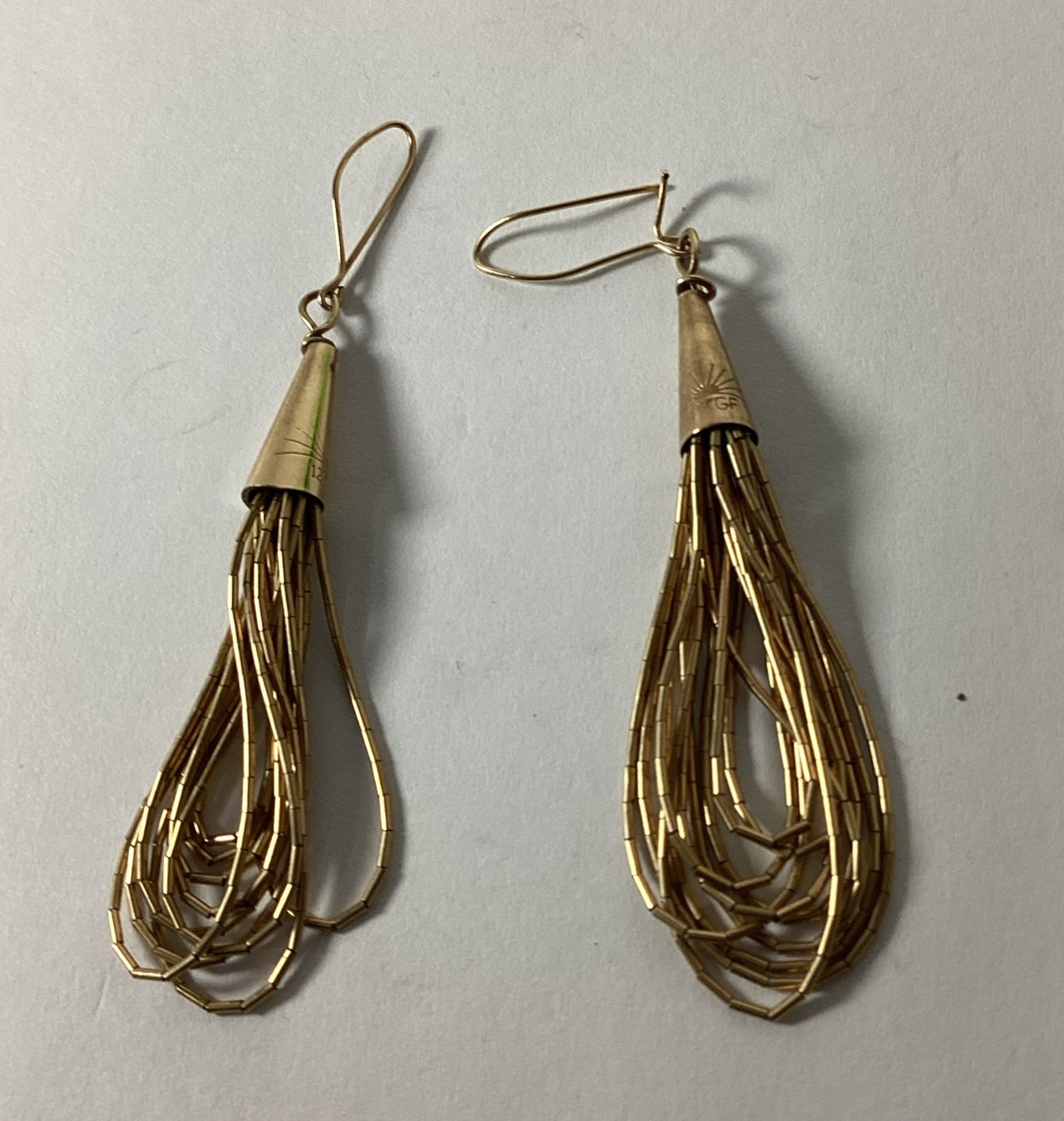 Native American Earrings 12k GF Liquid Gold Tube Beads 10 Strands Stamped Hook