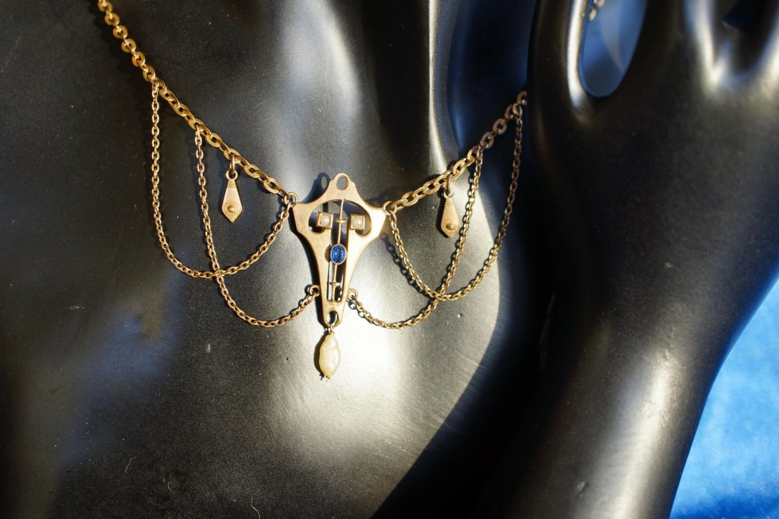 Collier Kette Trachten Hochzeit Saphir blau Perlen Gold Art Deco Jugendstil