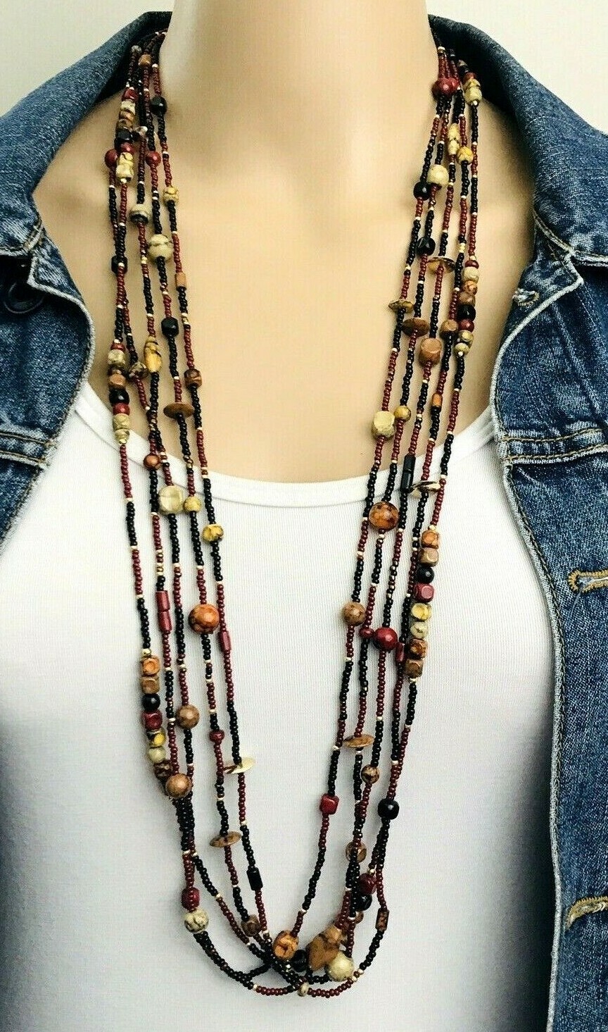 Multi Strand Red Black Seed Bead Acrylic Faux Stone Necklace