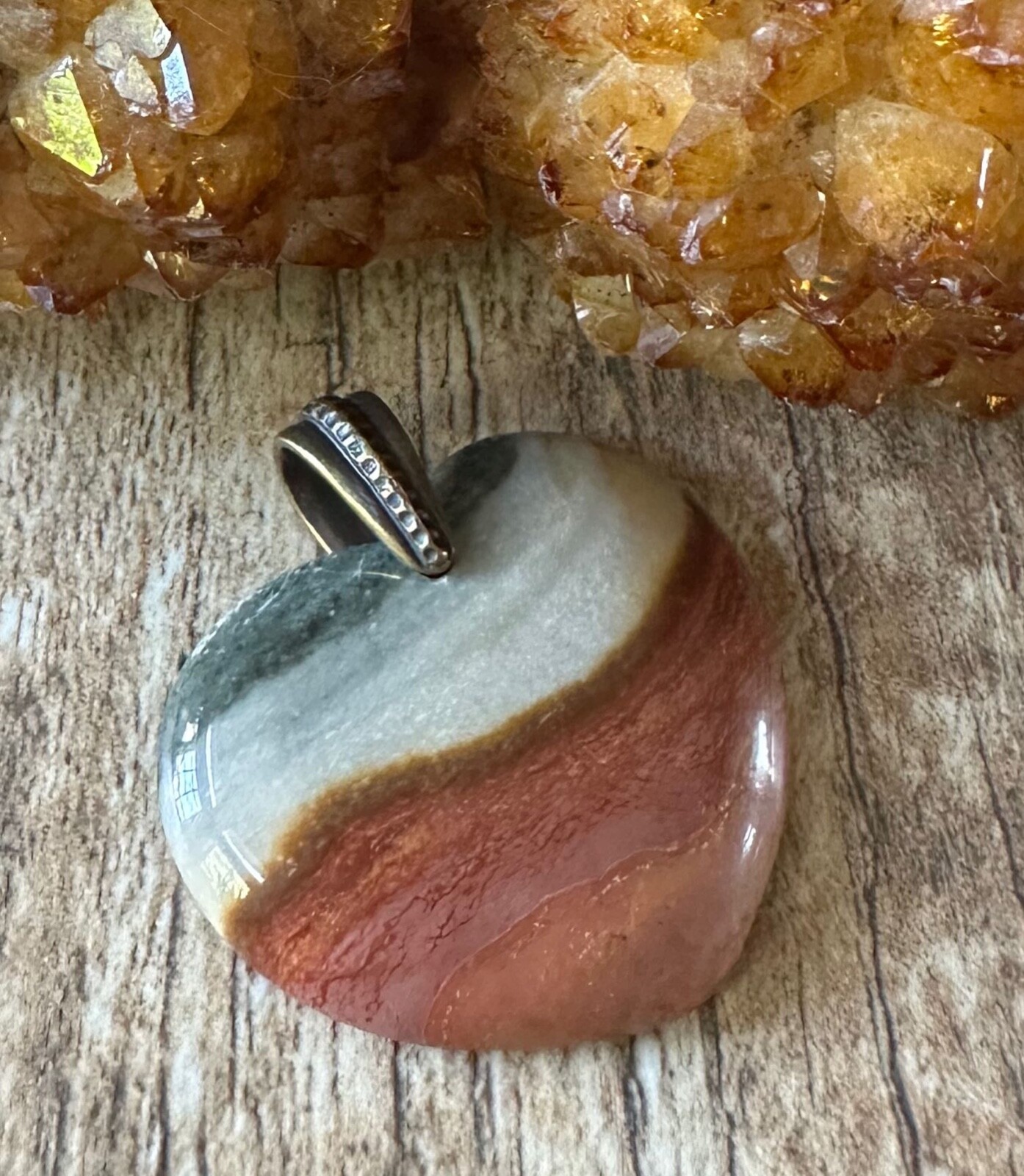 Polychrome Picture Jasper Heart Pendant With Antiqued Brass Bail