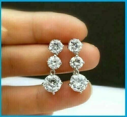 3Ct Round Cut Lab Created Diamond Drop Dangle Earrings 14K White Gold Plated